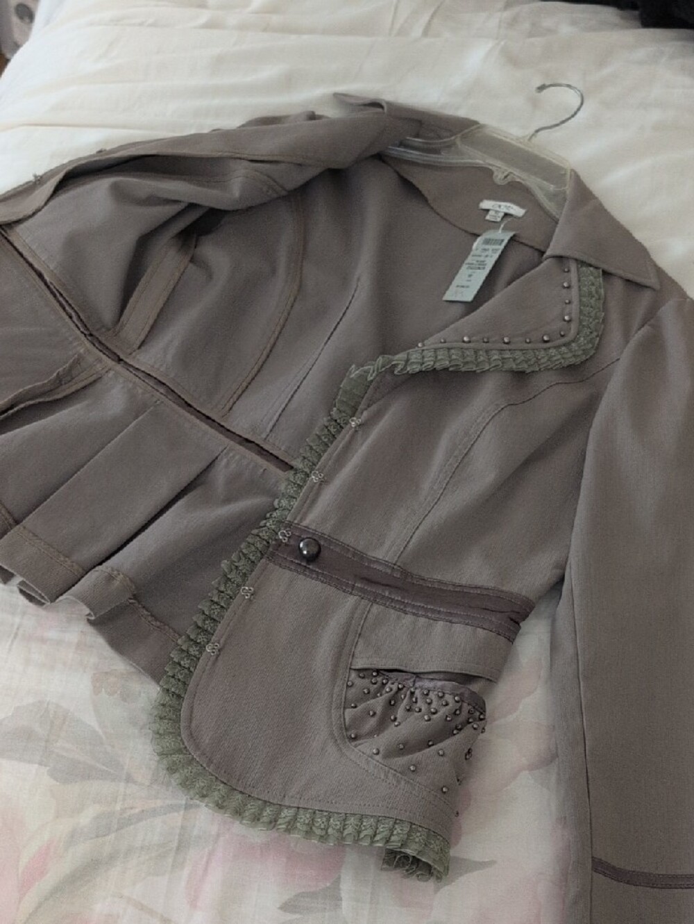 Cache Taupe Olive Braided Trim Studded Women's Blazer - Picture 10 of 10